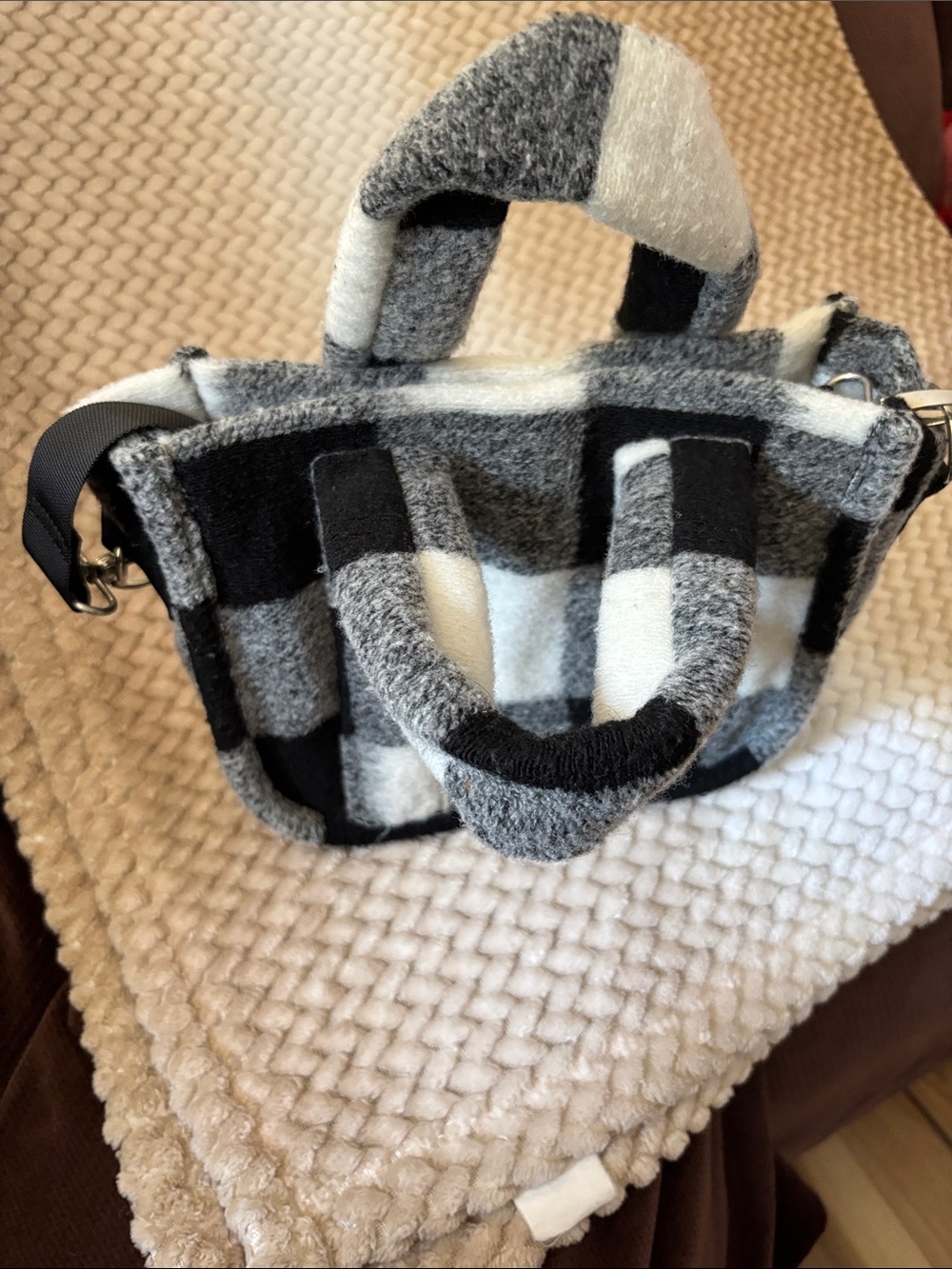 Black & White Plaid Mini Bag with Top Handles